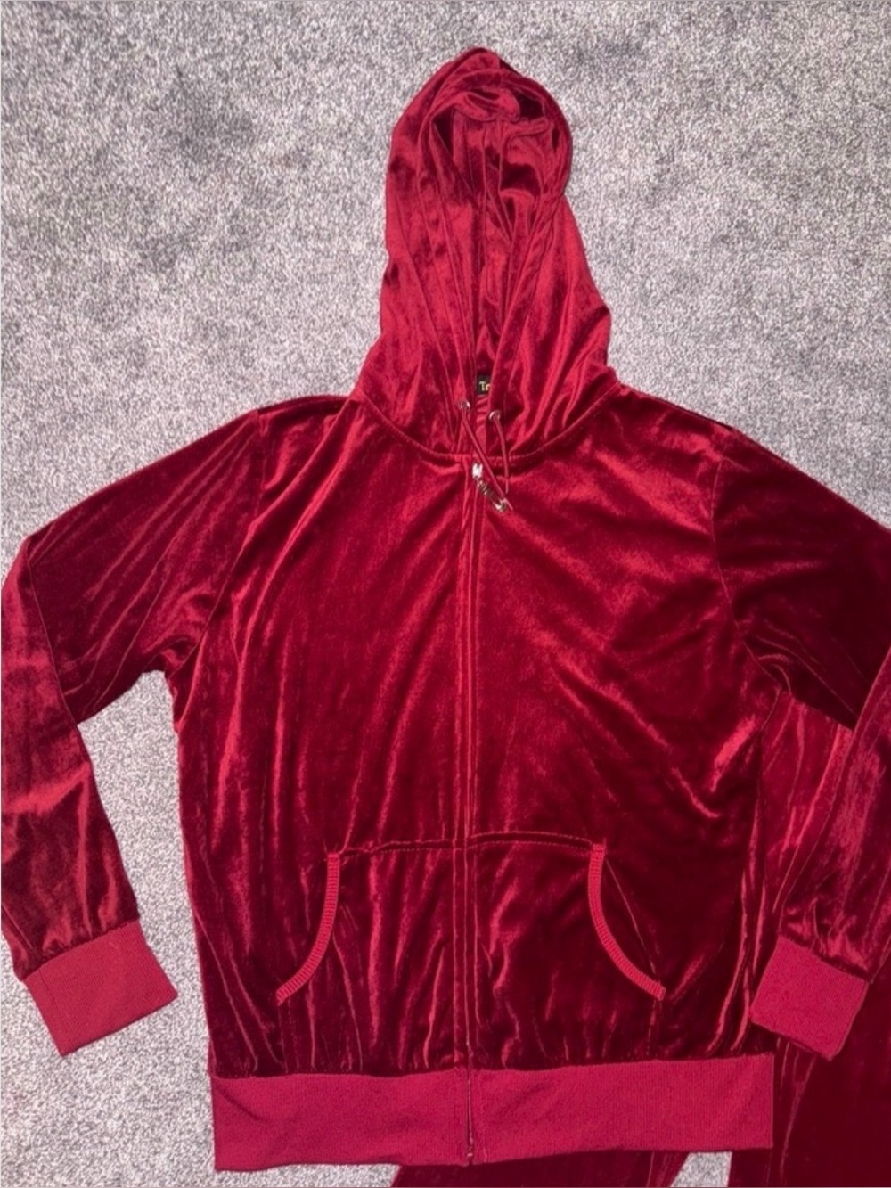 TRACKSUIT Red Velour Zip Hoodie & Drawstring Sweatpants Soft Lux Chic Streetwear - Picture 2 of 14